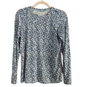 J McLaughlin Blue White Geometric Long Sleeve Knit Top Preppy Resort Size S